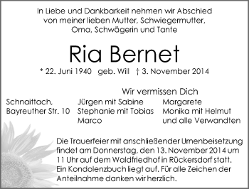 Traueranzeige von Ria Bernet von Pegnitz-Zeitung